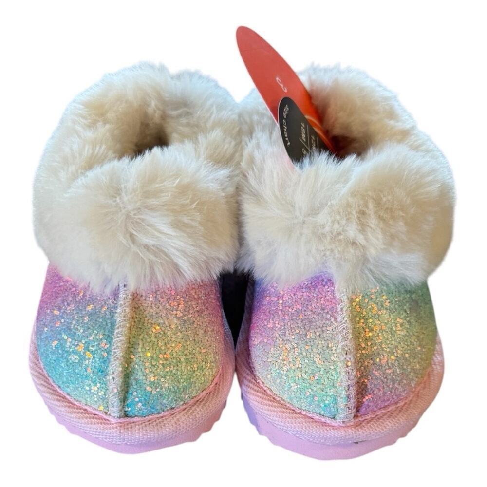 Adorable Infant Glitter Faux Fur Lined Slippers in Pastel Rainbow 3 Cozy NWTs